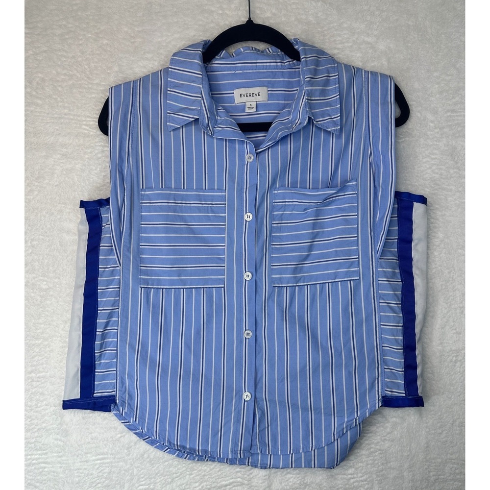 Evereve Striped Sleeveless Button Down Top Womens Small Blue White Ribbon Trim